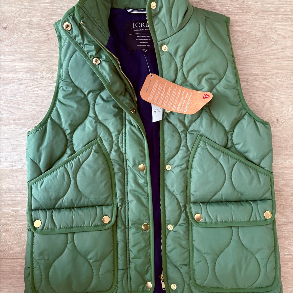 NWT J. Crew Olive Quilted Vest with Gold Accents